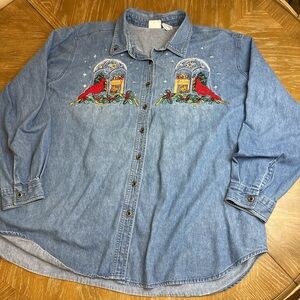 Vintage Bobbie Brooks Woman Embroidered Denim Button-Up Shirt with Red Cardinals